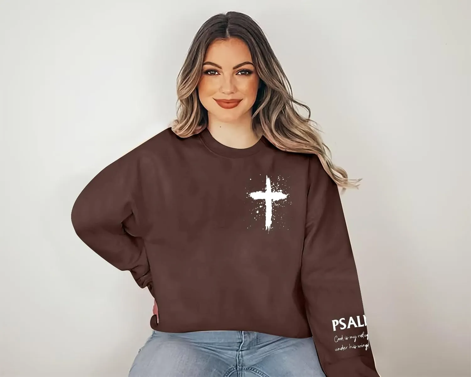 MOUSYA Women Christian Sweatshirt Psalms 91 Sleeve Print Sweatshirt Bible Verse Pullover