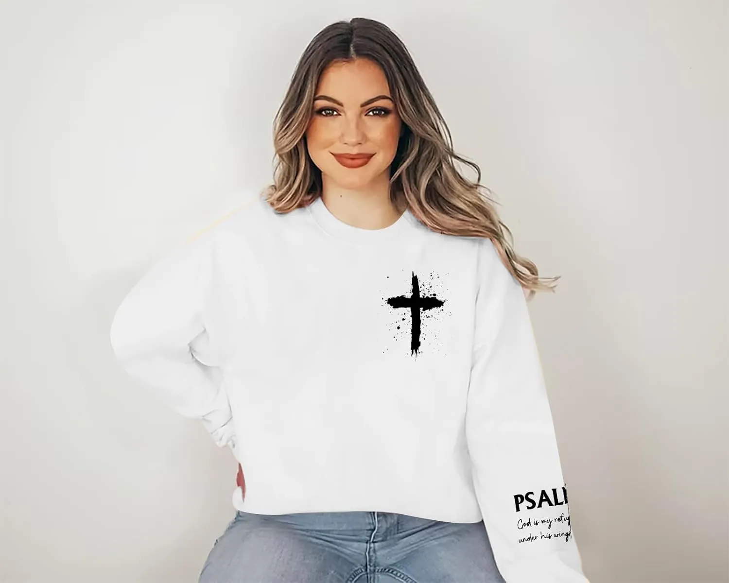 MOUSYA Women Christian Sweatshirt Psalms 91 Sleeve Print Sweatshirt Bible Verse Pullover
