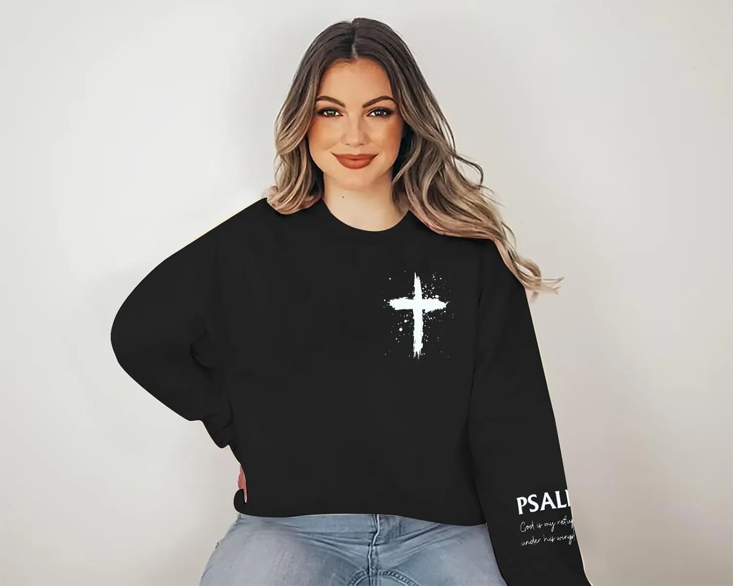 MOUSYA Women Christian Sweatshirt Psalms 91 Sleeve Print Sweatshirt Bible Verse Pullover