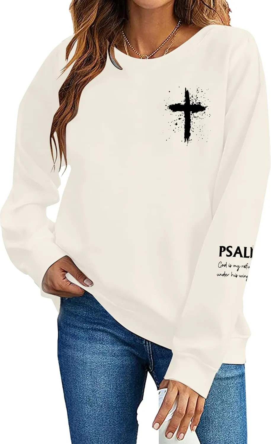 MOUSYA Women Christian Sweatshirt Psalms 91 Sleeve Print Sweatshirt Bible Verse Pullover