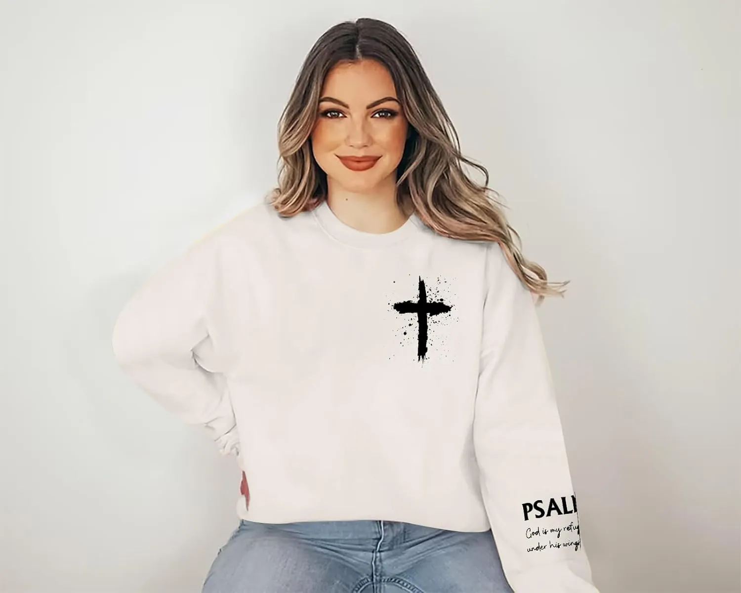 MOUSYA Women Christian Sweatshirt Psalms 91 Sleeve Print Sweatshirt Bible Verse Pullover