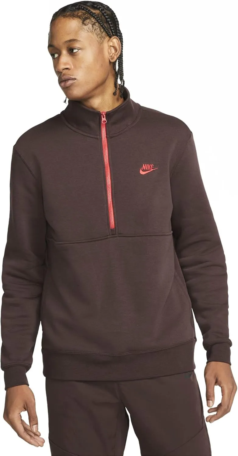 Nike Men Sportswear Club Brushed-Back 1/2-Zip Pullover (2X-Large, Brown Basalt/University Red/University Red)