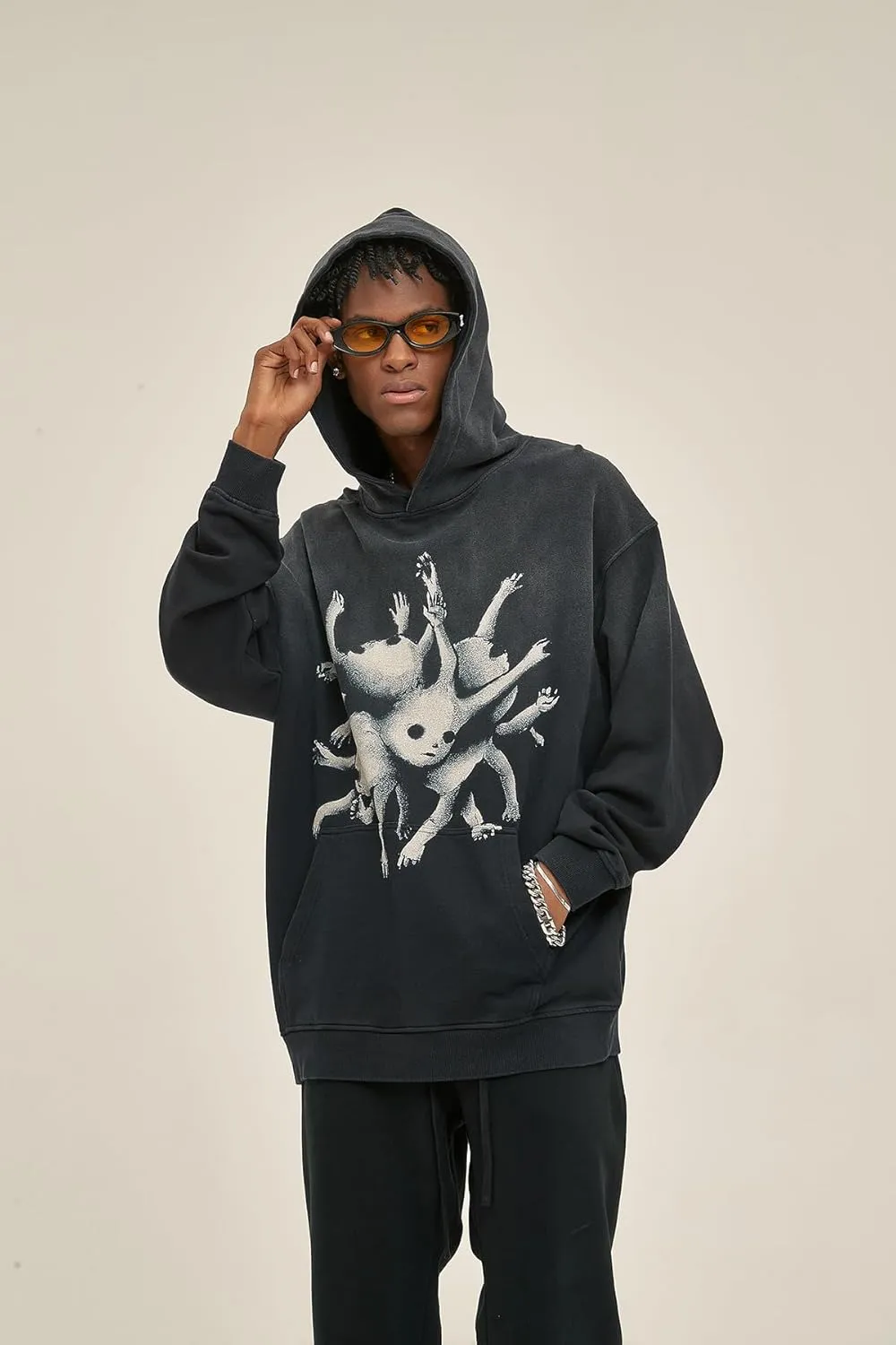 Obenie Retro Y2K Hoodie Gothic Casual Alphabet Blast Print Pattern Skull Fashion Hoodie Men Harajuku Men Clothing