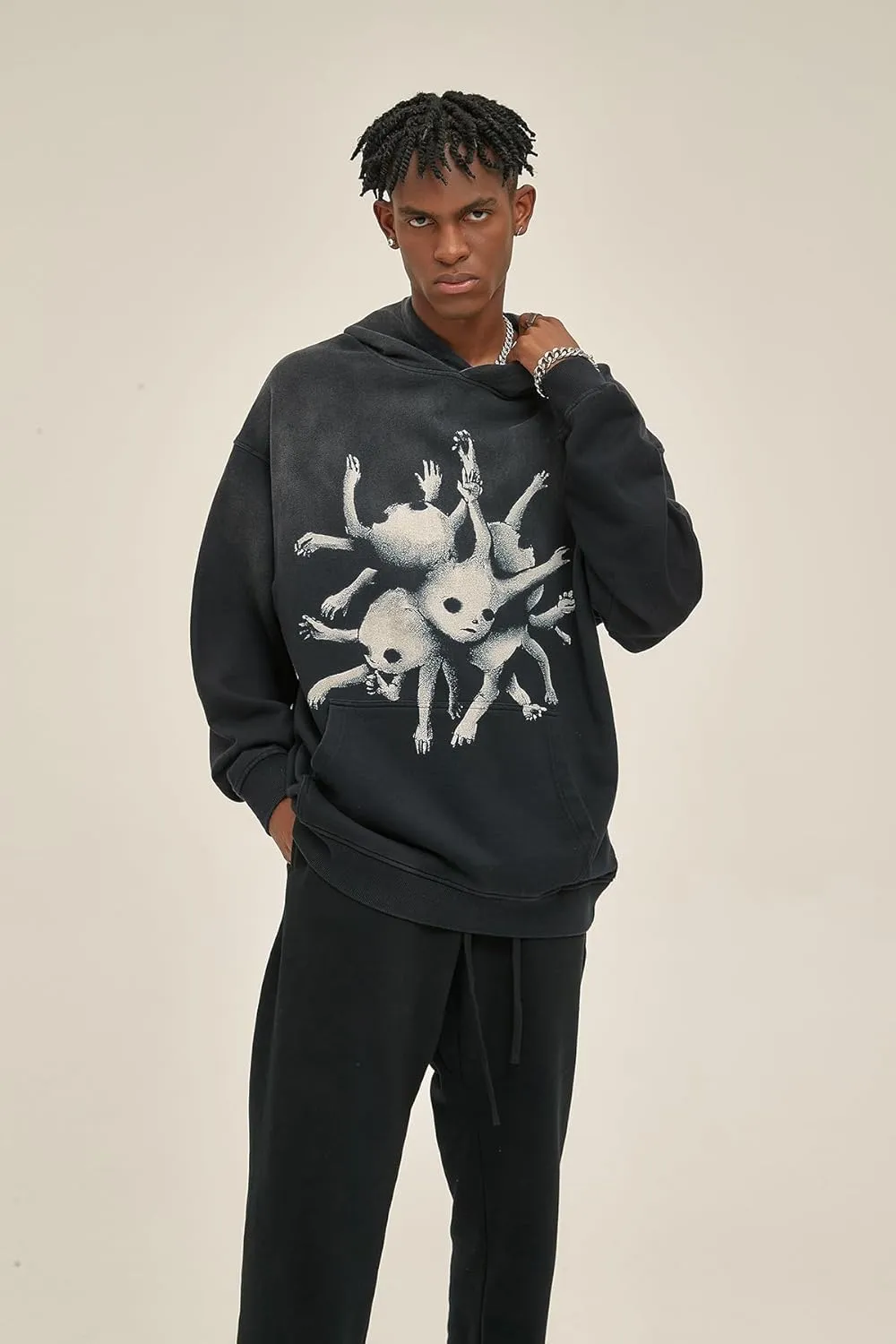 Obenie Retro Y2K Hoodie Gothic Casual Alphabet Blast Print Pattern Skull Fashion Hoodie Men Harajuku Men Clothing