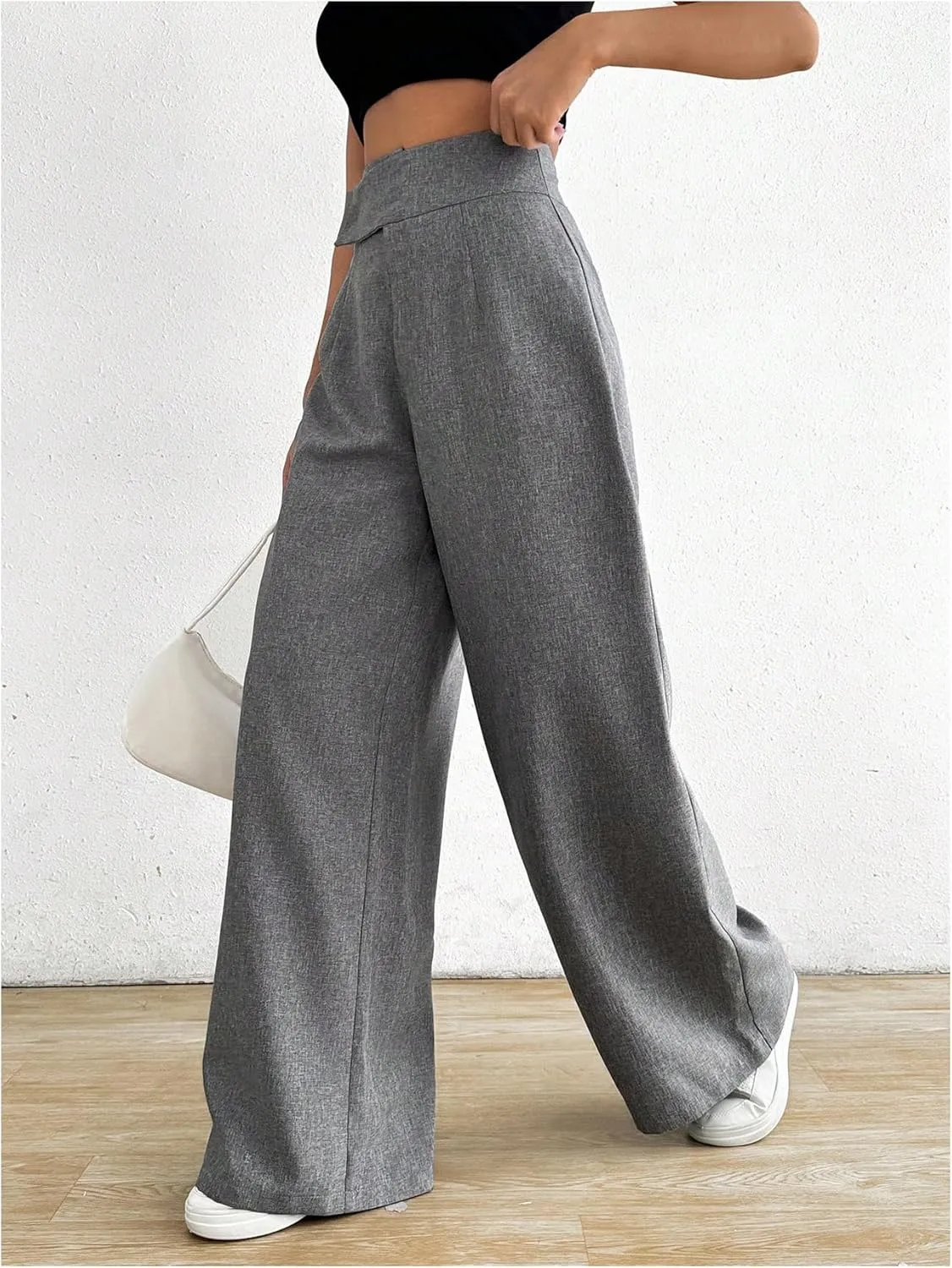 OYOANGLE Women's High Waist Wide Leg Pants Work Office Business Trousers Loose Fit Casual Long Pants