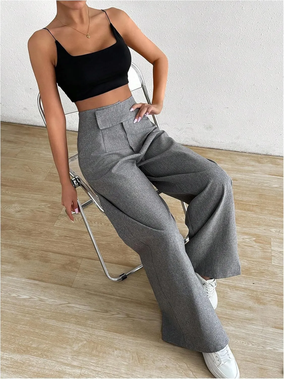 OYOANGLE Women's High Waist Wide Leg Pants Work Office Business Trousers Loose Fit Casual Long Pants