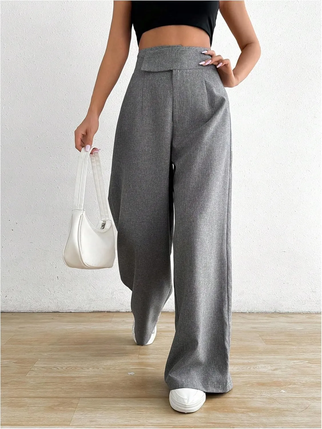 OYOANGLE Women's High Waist Wide Leg Pants Work Office Business Trousers Loose Fit Casual Long Pants