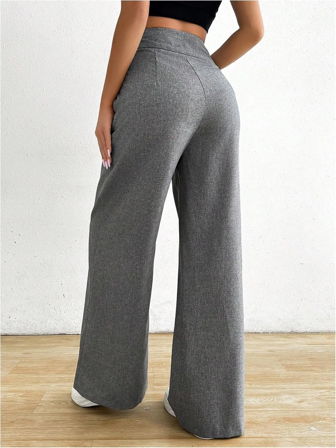 OYOANGLE Women's High Waist Wide Leg Pants Work Office Business Trousers Loose Fit Casual Long Pants