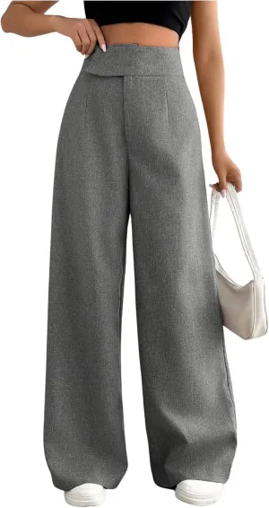OYOANGLE Women's High Waist Wide Leg Pants Work Office Business Trousers Loose Fit Casual Long Pants