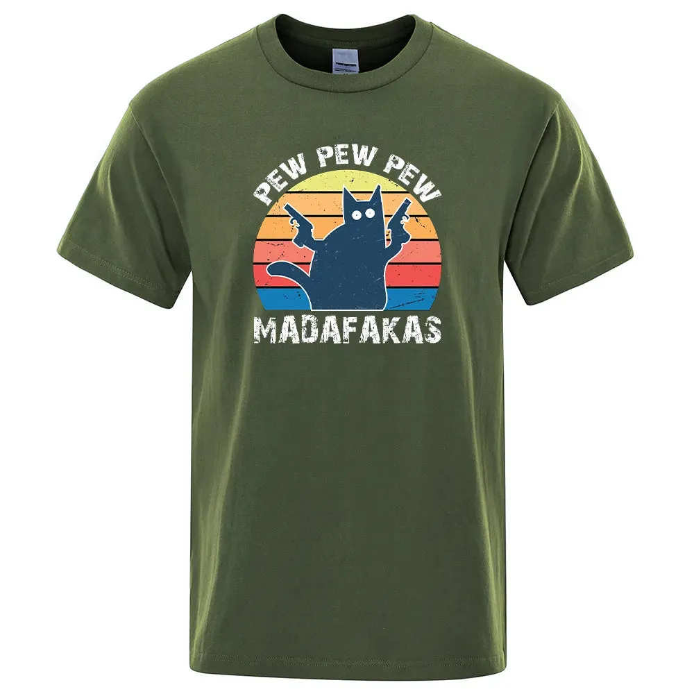 Pew Pew Madafaks Cat  Comfortable Tops Summer Oversized T-Shirt Men's