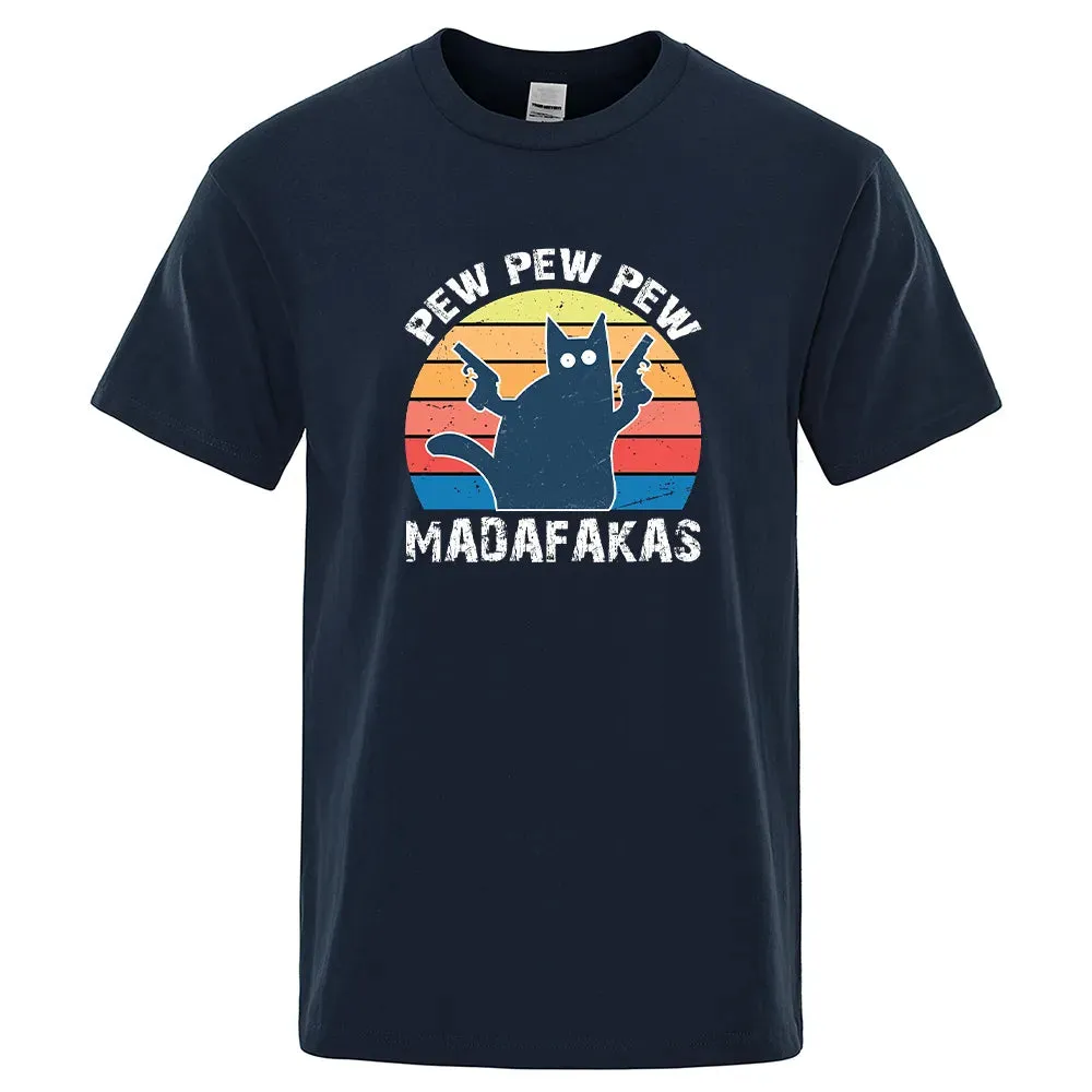 Pew Pew Madafaks Cat  Comfortable Tops Summer Oversized T-Shirt Men's