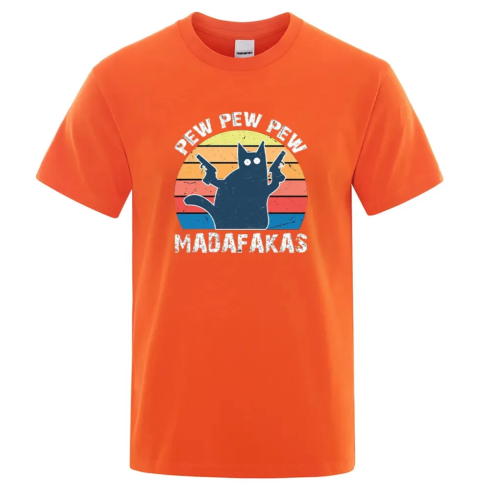 Pew Pew Madafaks Cat  Comfortable Tops Summer Oversized T-Shirt Men's