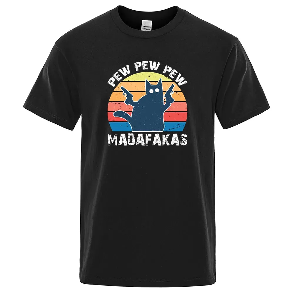 Pew Pew Madafaks Cat  Comfortable Tops Summer Oversized T-Shirt Men's