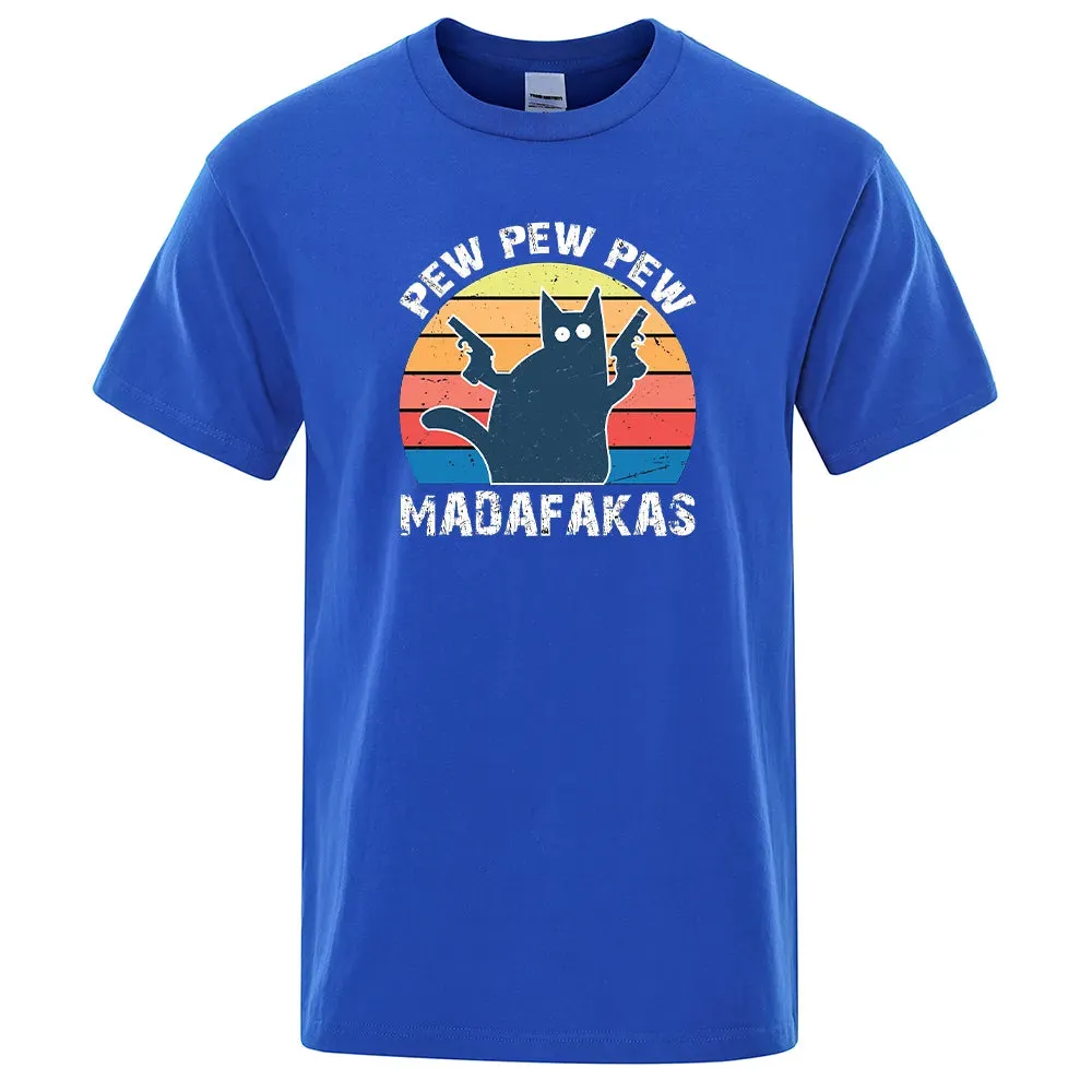 Pew Pew Madafaks Cat  Comfortable Tops Summer Oversized T-Shirt Men's