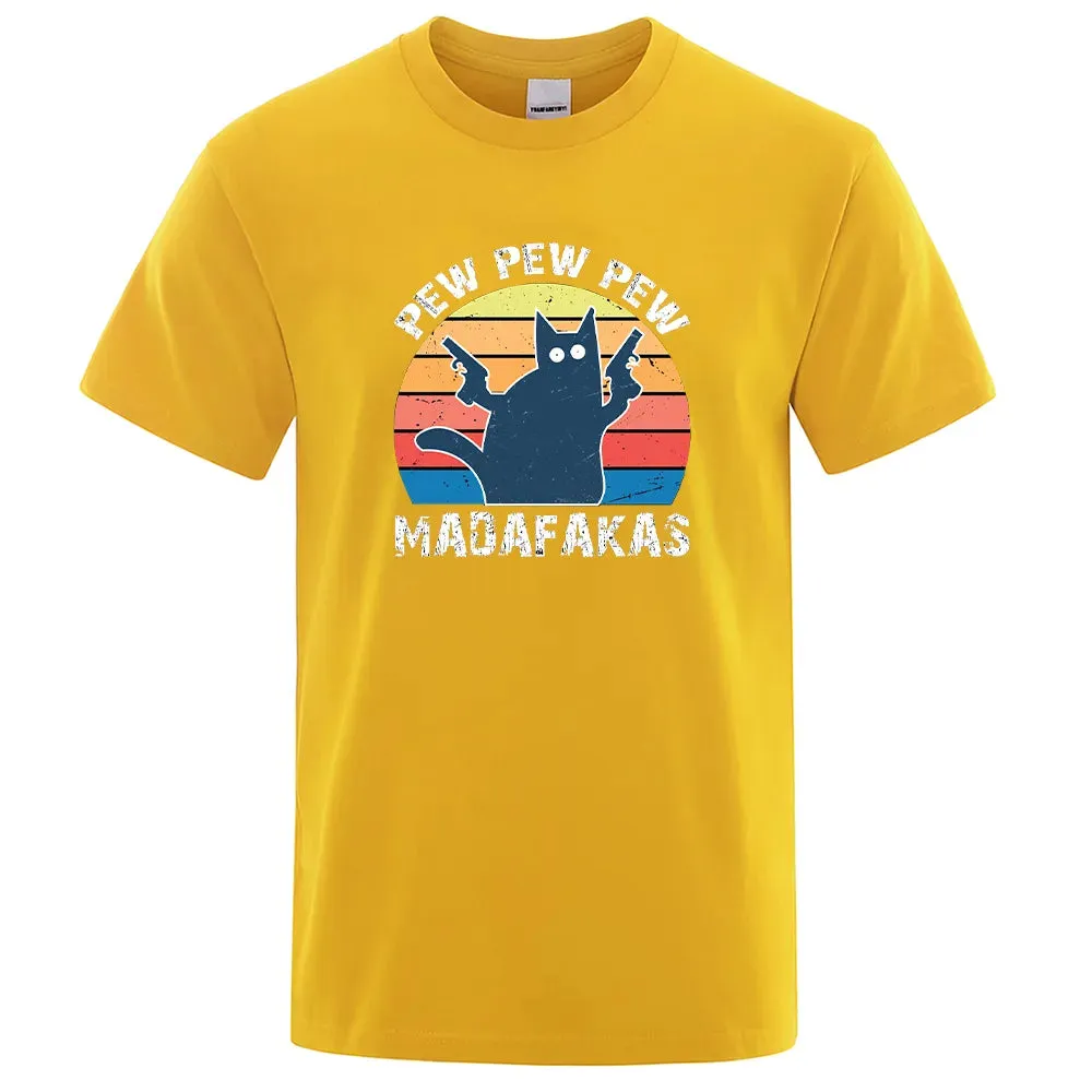 Pew Pew Madafaks Cat  Comfortable Tops Summer Oversized T-Shirt Men's