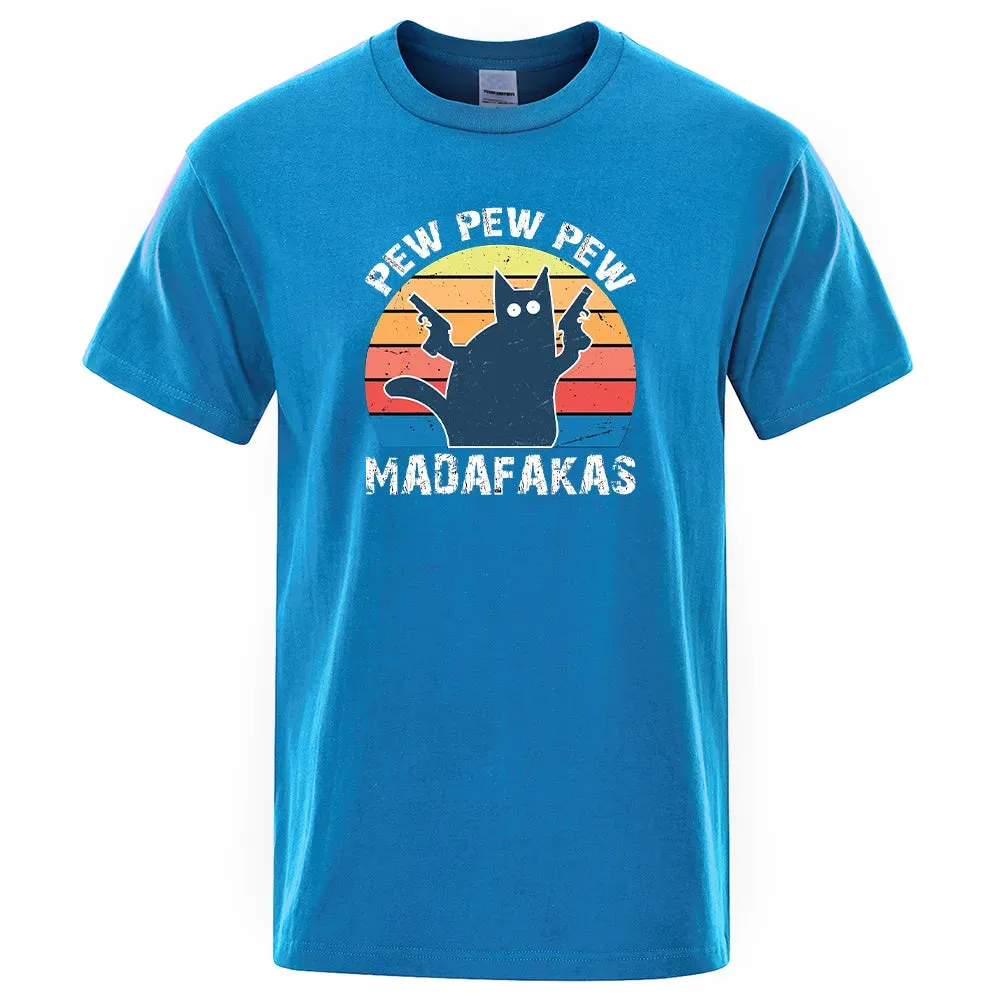 Pew Pew Madafaks Cat  Comfortable Tops Summer Oversized T-Shirt Men's
