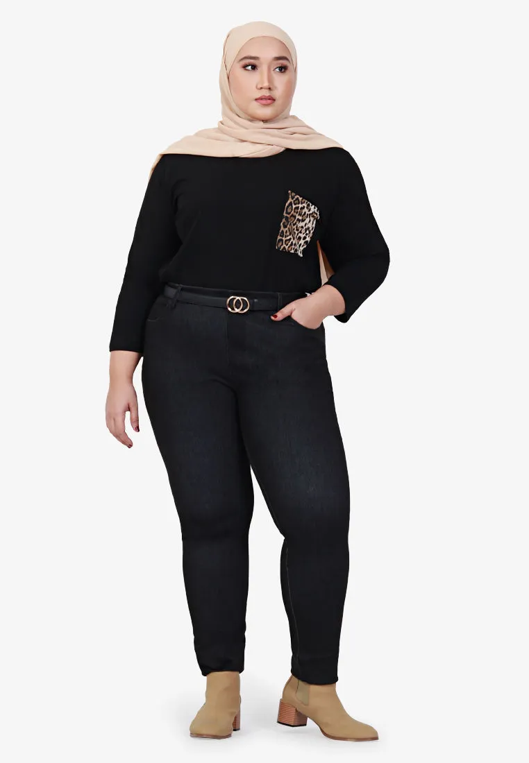 Poetri Black Printed Pocket Tee - Small Leopard