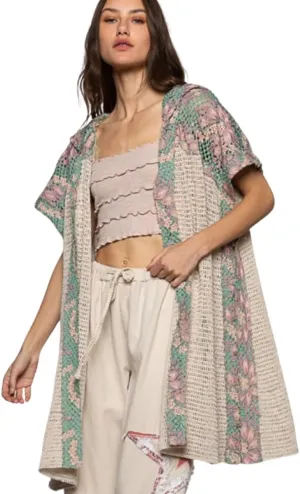 POL Clothing Women's Crocheted Hoodie Short Sleeve Relaxed Fit Open Cardigan,