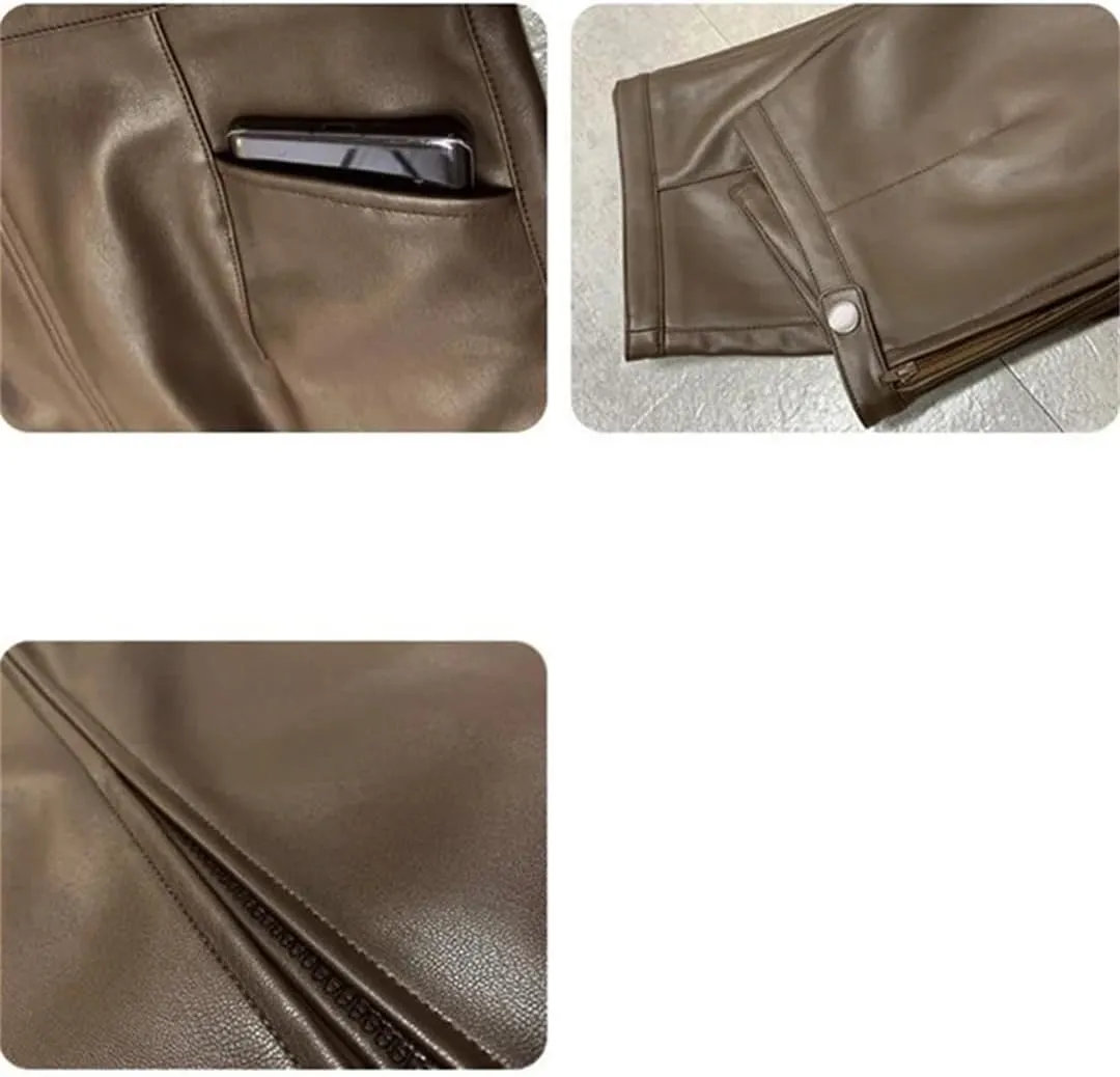 PU Leather Skirts for Women High Waist Fall Straight Split Midi Skirts Oversized Coffee Streetwear