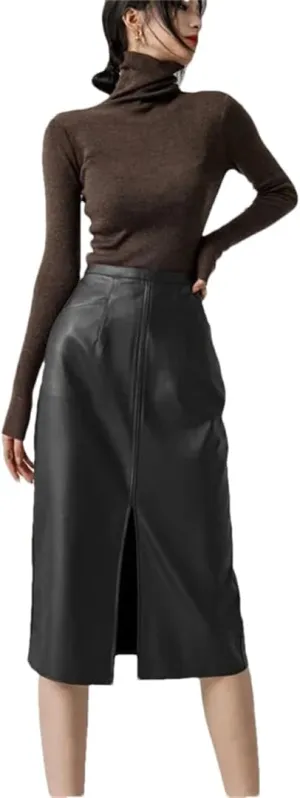 PU Leather Skirts for Women High Waist Fall Straight Split Midi Skirts Oversized Coffee Streetwear