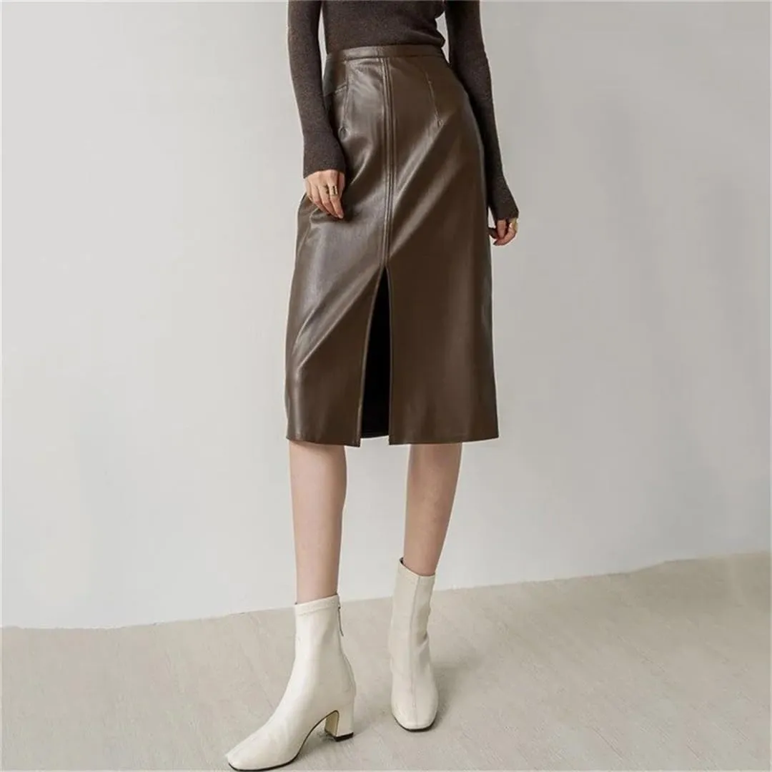 PU Leather Skirts for Women High Waist Fall Straight Split Midi Skirts Oversized Coffee Streetwear