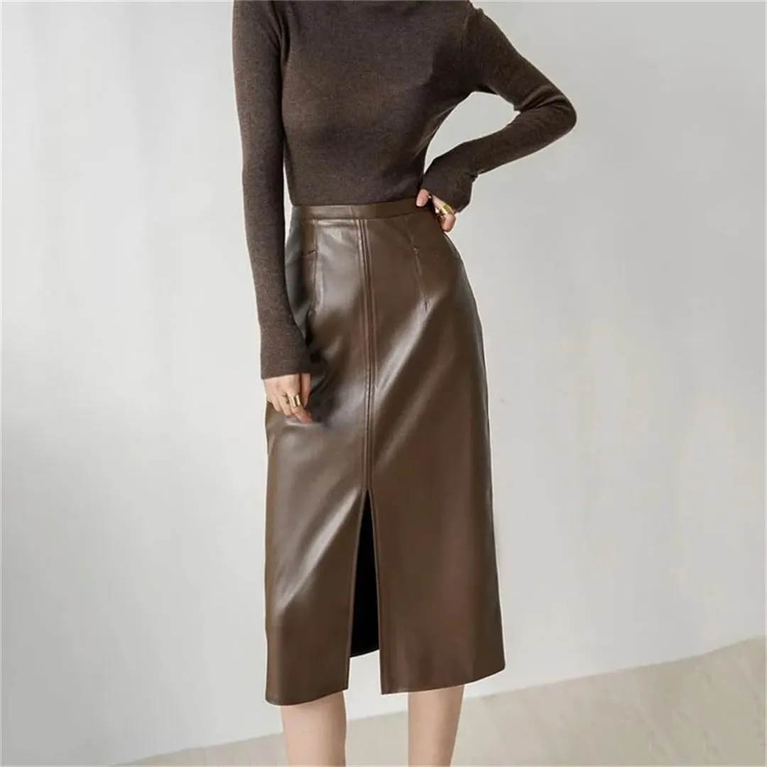 PU Leather Skirts for Women High Waist Fall Straight Split Midi Skirts Oversized Coffee Streetwear