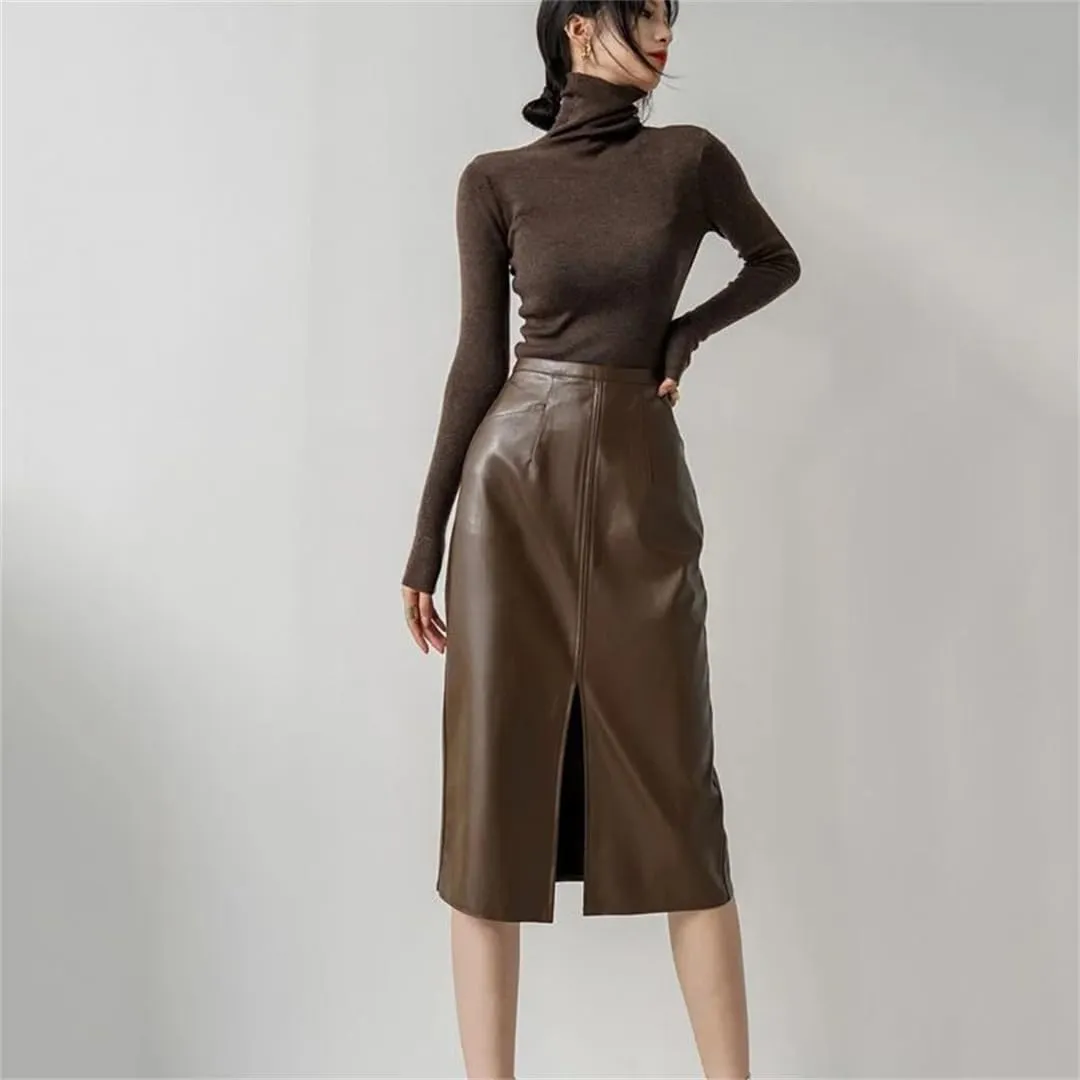 PU Leather Skirts for Women High Waist Fall Straight Split Midi Skirts Oversized Coffee Streetwear