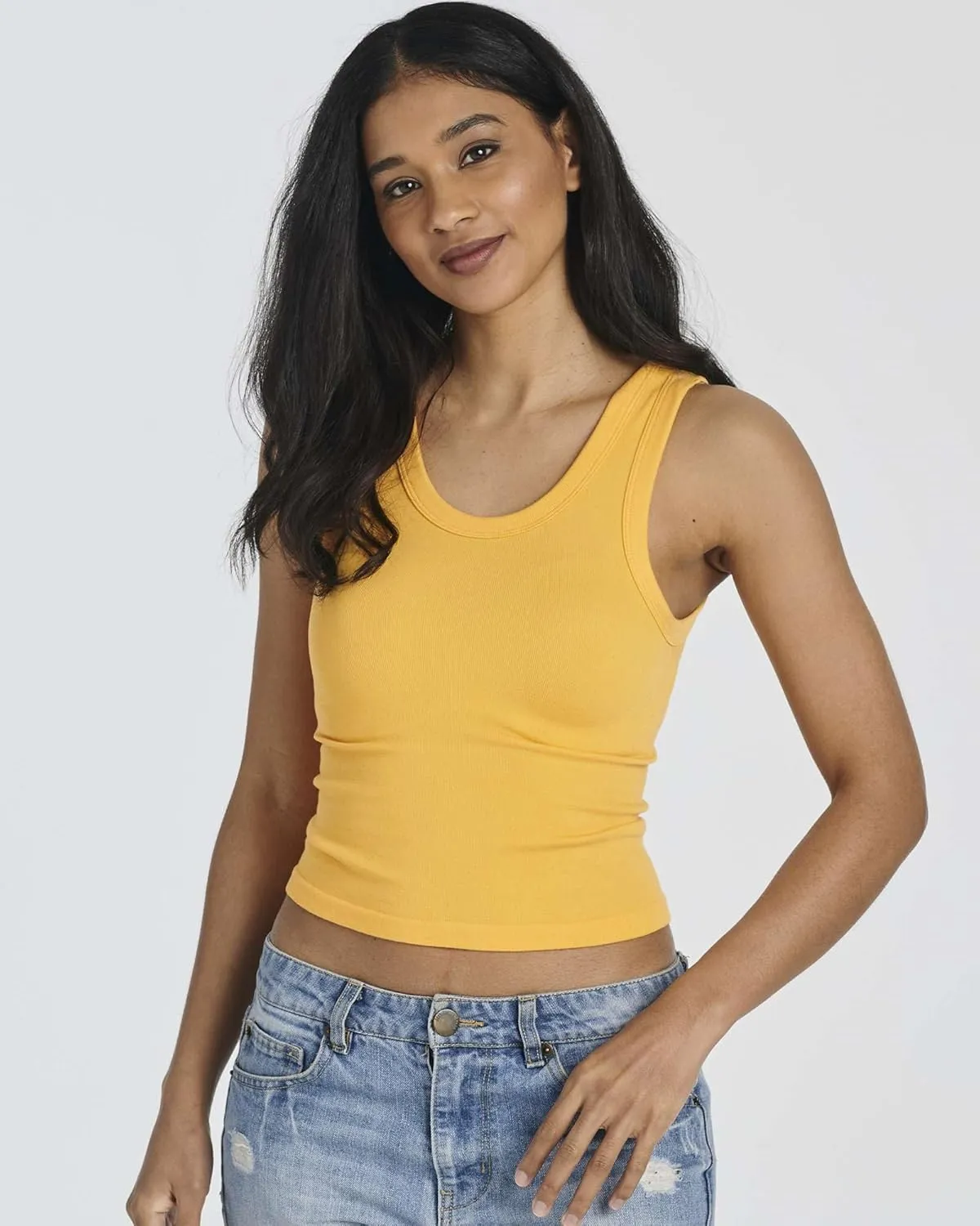 Real Essentials 5 Pack: Women's Seamless Ribbed Sleeveless Cropped Scoop Neck Tank Top - Casual Crop Top