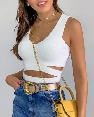 Scoop Neck Sleeveless Plain Cutout Design