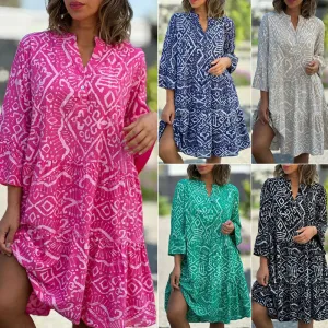 Seasonal Styles Casual Loose Printed V-Neck Flowy Dress