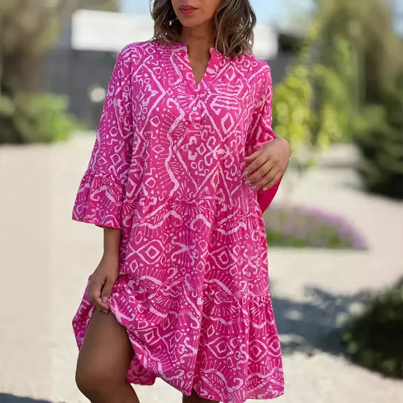 Seasonal Styles Casual Loose Printed V-Neck Flowy Dress