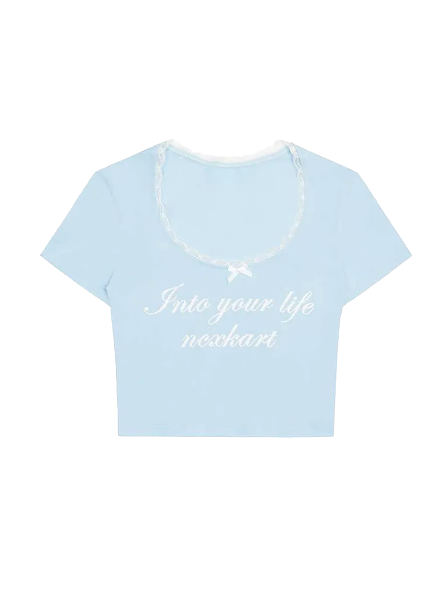 Solid Color Lace Patchwork Short Sleeve Crop Top