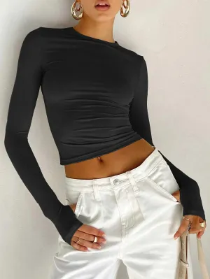 Solid Color Slim Round Collar Long Sleeves Top