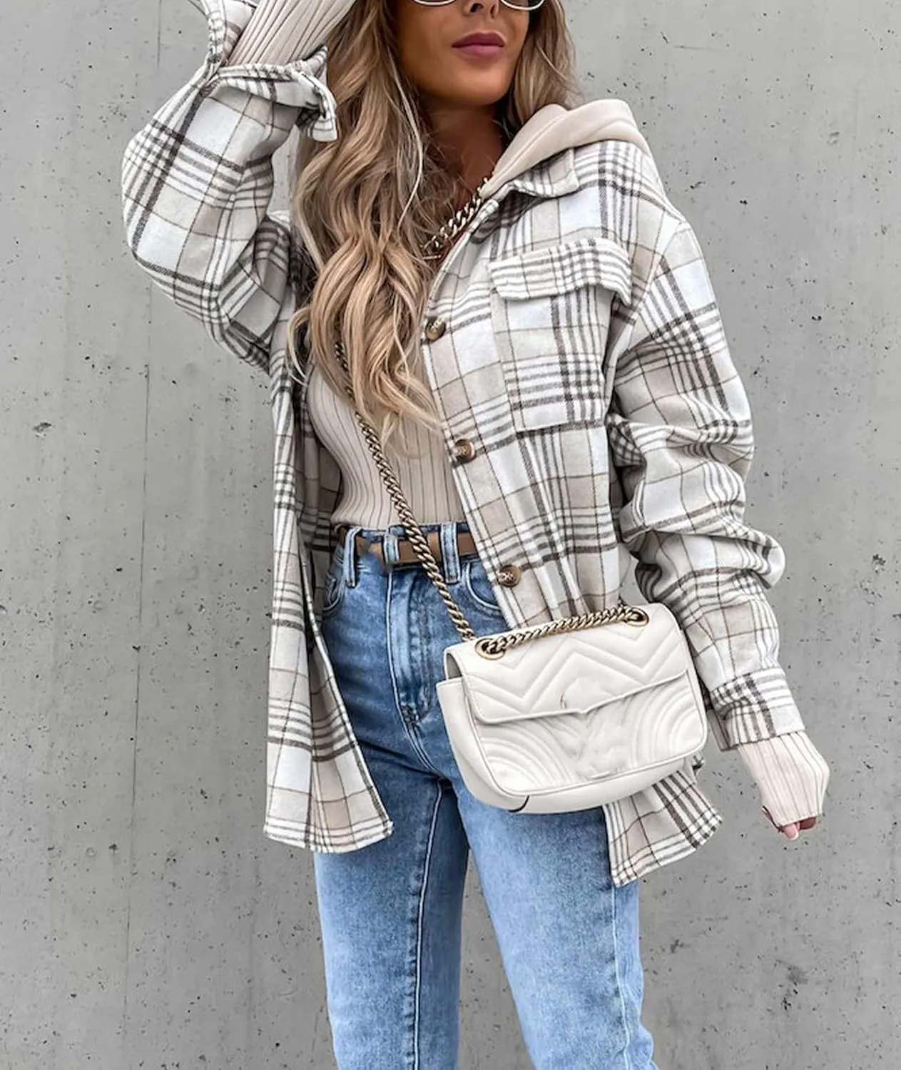 SOMTHRON Women's Oversized Hoodie Plaid Flannel Shirt Jacket Long Sleeve Button Down Boyfriend Fall Shacket Coats