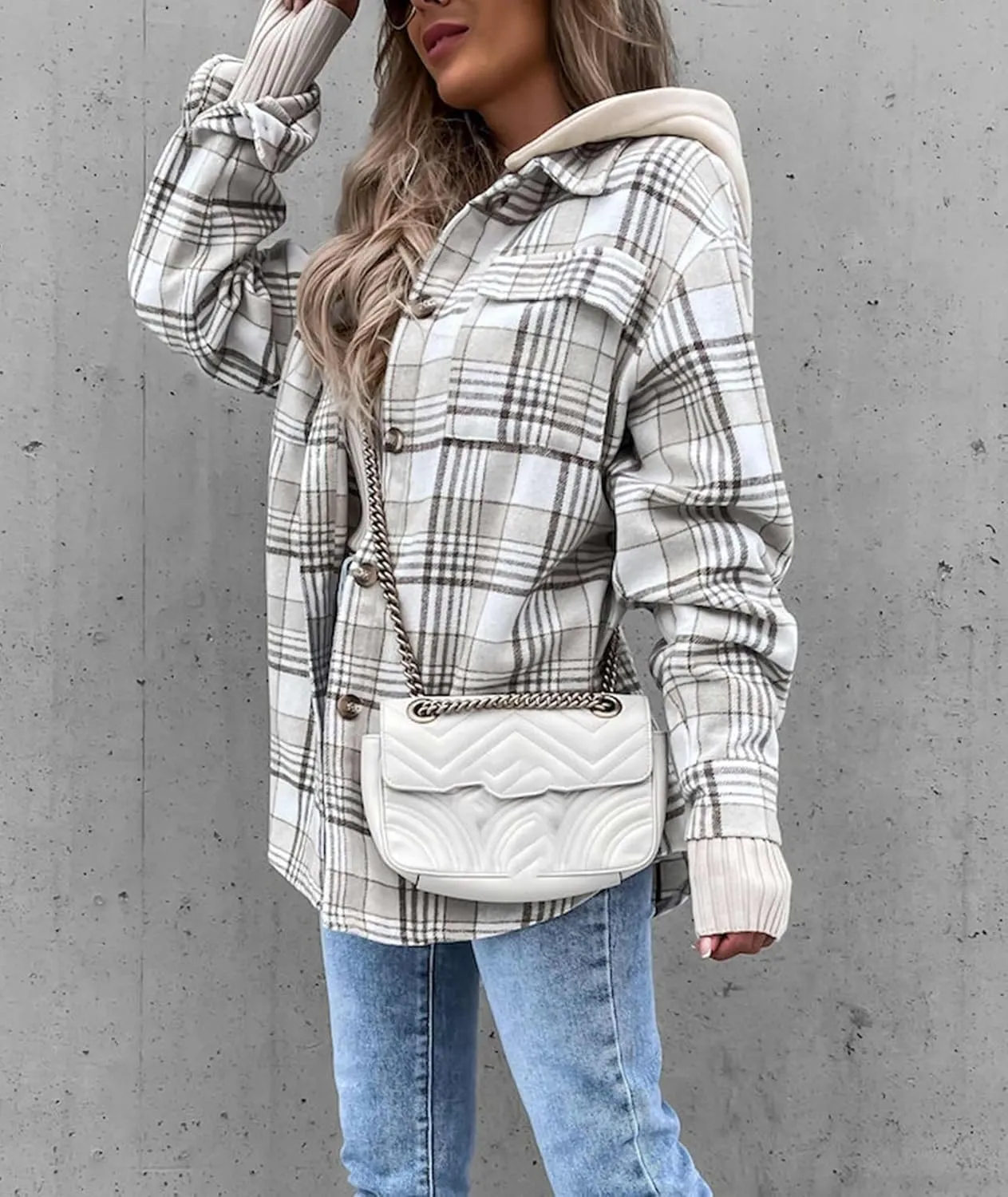 SOMTHRON Women's Oversized Hoodie Plaid Flannel Shirt Jacket Long Sleeve Button Down Boyfriend Fall Shacket Coats