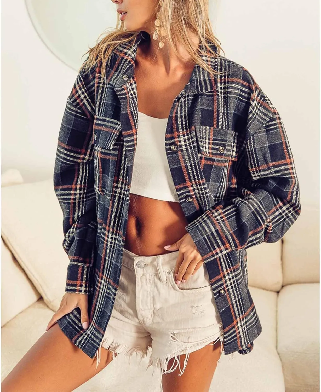 SOMTHRON Women's Oversized Hoodie Plaid Flannel Shirt Jacket Long Sleeve Button Down Boyfriend Fall Shacket Coats
