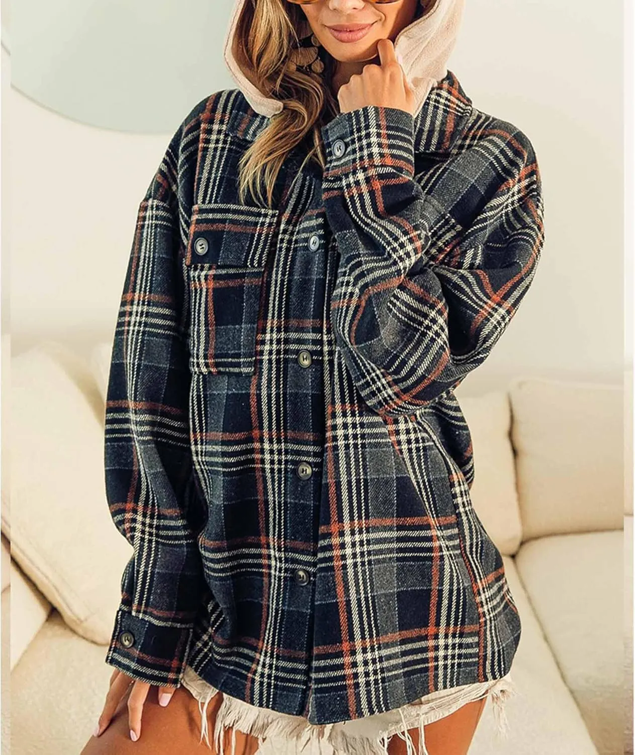 SOMTHRON Women's Oversized Hoodie Plaid Flannel Shirt Jacket Long Sleeve Button Down Boyfriend Fall Shacket Coats
