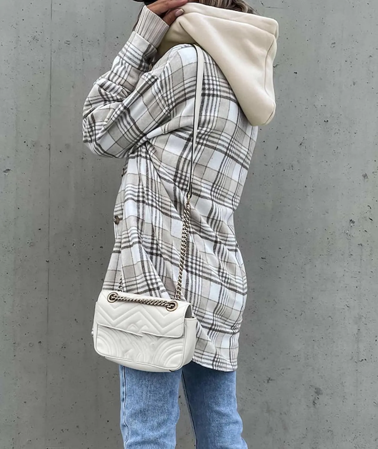 SOMTHRON Women's Oversized Hoodie Plaid Flannel Shirt Jacket Long Sleeve Button Down Boyfriend Fall Shacket Coats