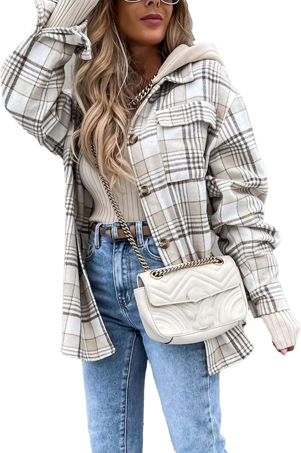 SOMTHRON Women's Oversized Hoodie Plaid Flannel Shirt Jacket Long Sleeve Button Down Boyfriend Fall Shacket Coats