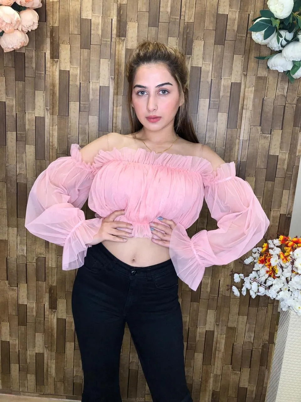 Stacie ruffle Bardot crop top