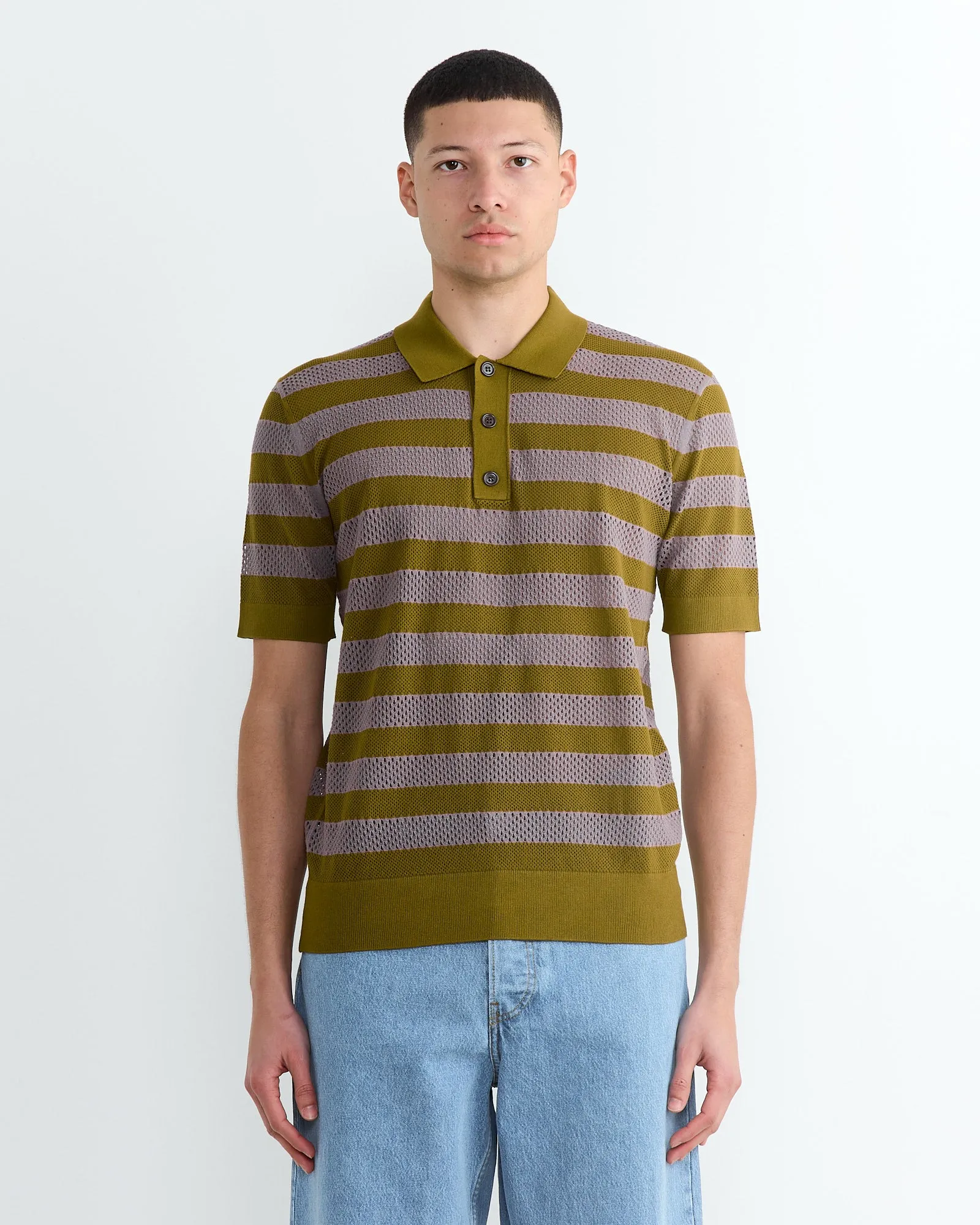 Stripe Knit Polo in Olive