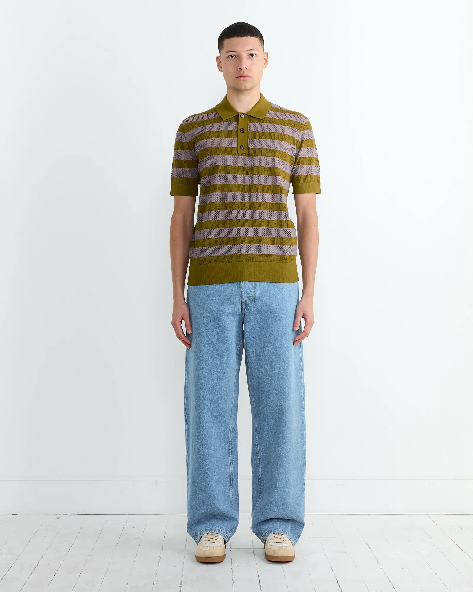 Stripe Knit Polo in Olive