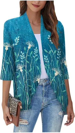 Summer Cardigans for Women Lightweight Ruched 3/4 Sleeve Open Front Cardigan Casual Loose Cover up Shrugs for Dress