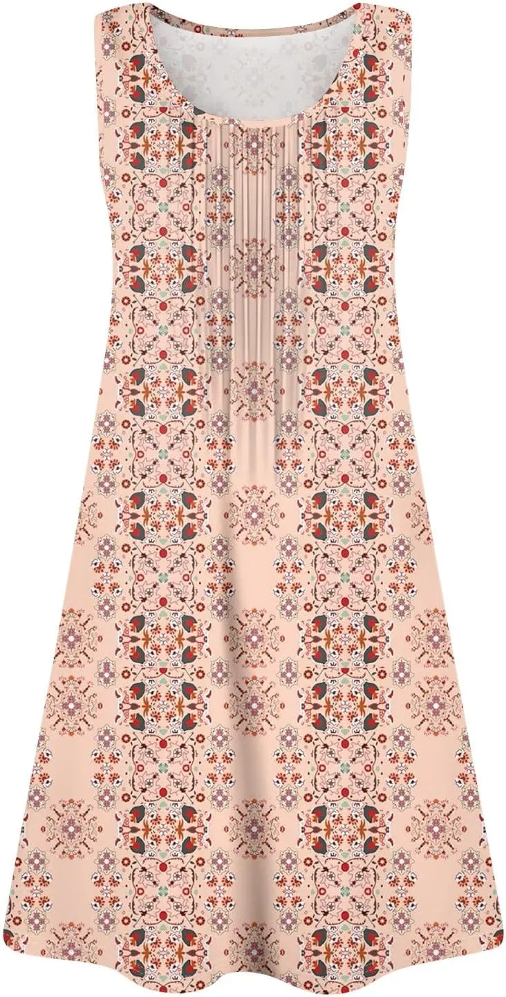 Sundresses for Women Short Sleeveless Summer Beach Hawaiian Dresses Square Neck Floral Boho Mini Dress with Pockets
