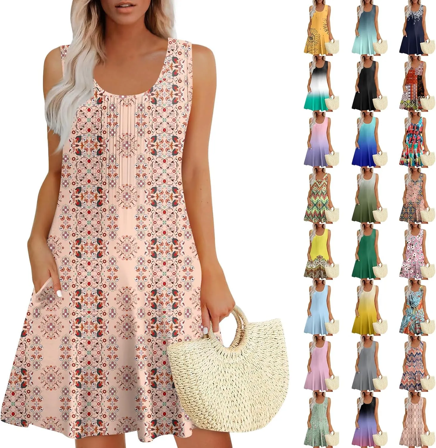 Sundresses for Women Short Sleeveless Summer Beach Hawaiian Dresses Square Neck Floral Boho Mini Dress with Pockets