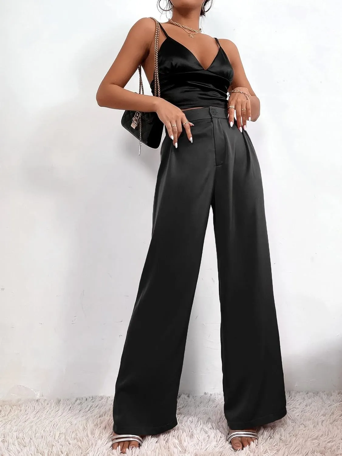 SweatyRocks Women's High Waist Satin Wide Leg Pants Casual Work Office Faux Silk Long Trousers with Pockets