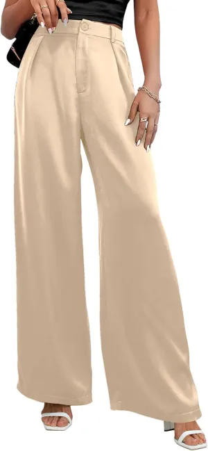 SweatyRocks Women's High Waist Satin Wide Leg Pants Casual Work Office Faux Silk Long Trousers with Pockets