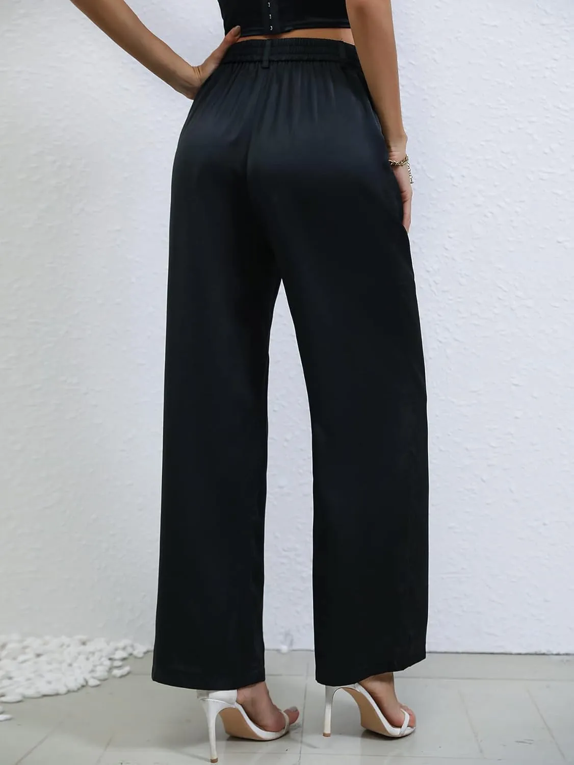 SweatyRocks Women's High Waist Satin Wide Leg Pants Casual Work Office Faux Silk Long Trousers with Pockets