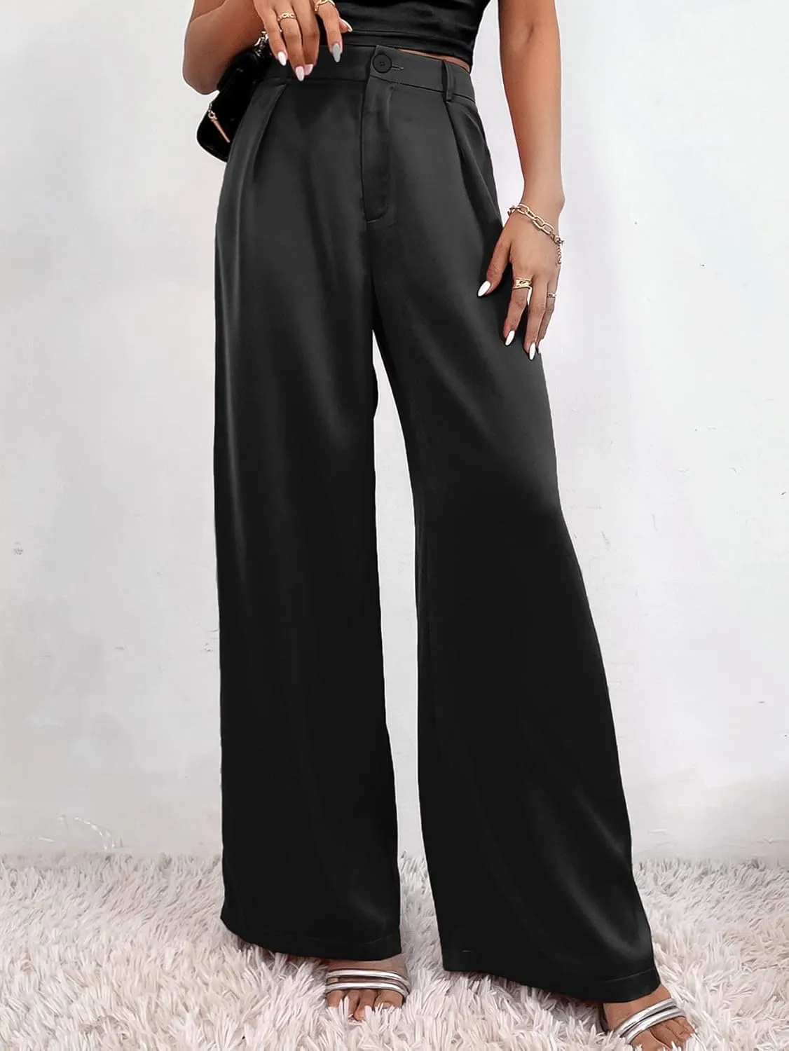 SweatyRocks Women's High Waist Satin Wide Leg Pants Casual Work Office Faux Silk Long Trousers with Pockets