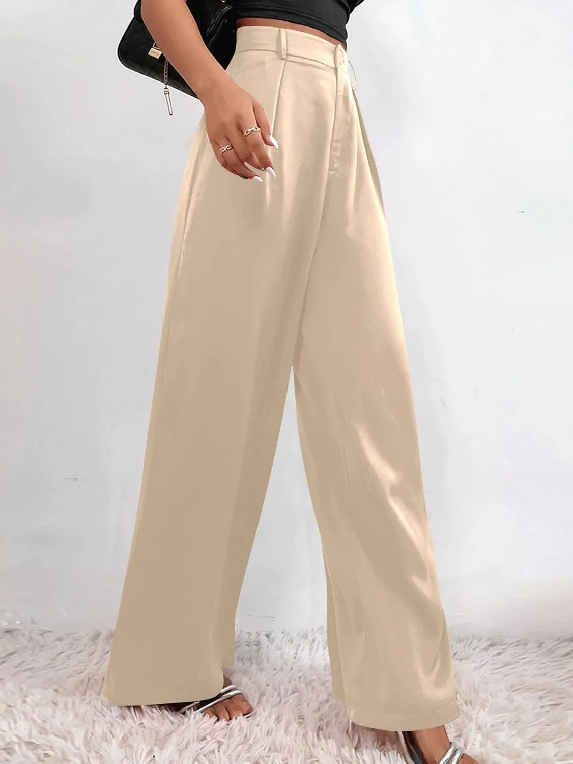 SweatyRocks Women's High Waist Satin Wide Leg Pants Casual Work Office Faux Silk Long Trousers with Pockets